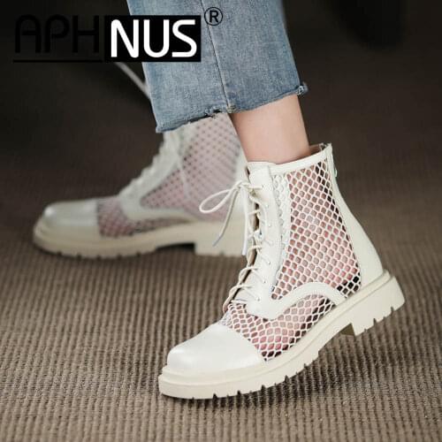 APHNUS Womens Boots Sexy Cut Outs Low Mid Heels Pumps Flats Cow Leather Woman 2021 Shoes For Women New