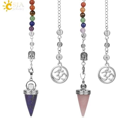 CSJA Natural Stone Cone Pendulums Crystal 3D Buddha 7 Chakras Chain Reiki Pendulum for Dowsing Pendule Radiestesia Pendulo G251