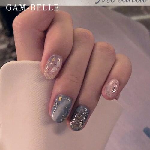 GAM-BELLE Glitter Blue Marble Pattern False Nails Full Ellipse Artificial Press On Nails Elegant French Nail Art Decoration