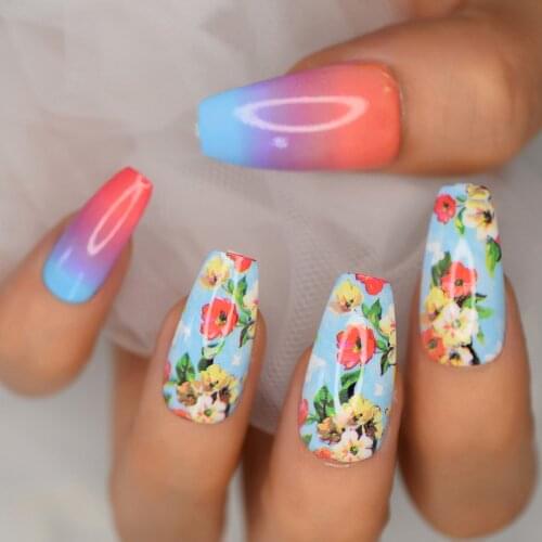 Glossy Ombre Colorful French Press on False Nails Long Ballerina Coffin Popular Flowers Pattern Fake Fingersnails Extention Tool
