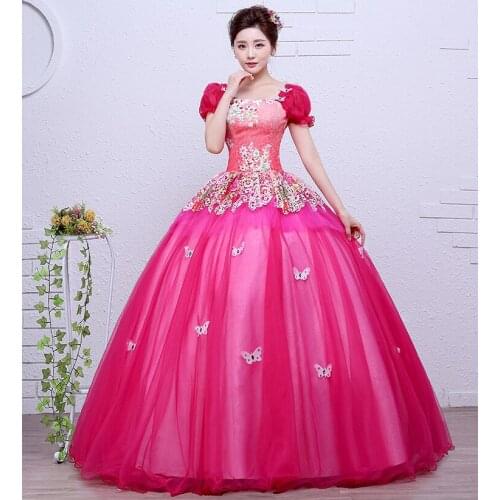 Hot pink/yellow/green bubble sleeve ball gown medieval dress sissi princess Medieval Renaissance Gown Victorian Belle ball