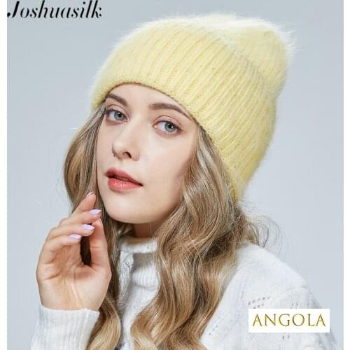 JOSHUASILK Women Knitted Angora Hat For Girl Thickened with fleece lining 8 color options Winter hat