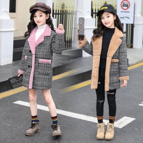 Girls Plaid Trench Coat Kids Overcoat Woollen Cloth Children Toddler 2019 Spring Autumn Fall Winter Bow Single Breasted