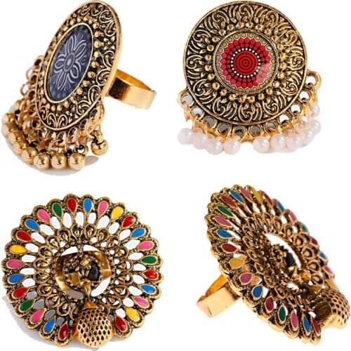 Vintage Gold Color Women Rings Indian Jewelry Engraved Flower Pattern Retro Party Female Pearl Tassel Finger Ring Stylish