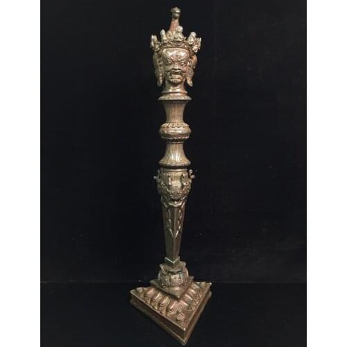 21"Chinese temple collection Old Bronze Cinnabar Lacquer Horse head Three-sided Mahakala head Dorje Vajra Phurpa Dharma Ornament