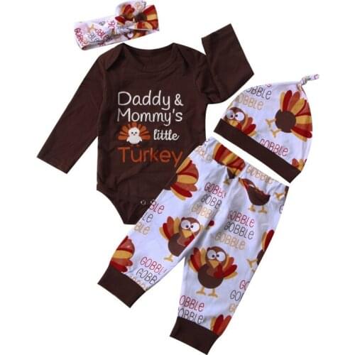 Baby 4Pcs Clothes Set My 1st Thanksgiving Outfits Cartoon Turkey Print Long Sleeve Romper Top+ Trousers+Headban+Hat 0-18M