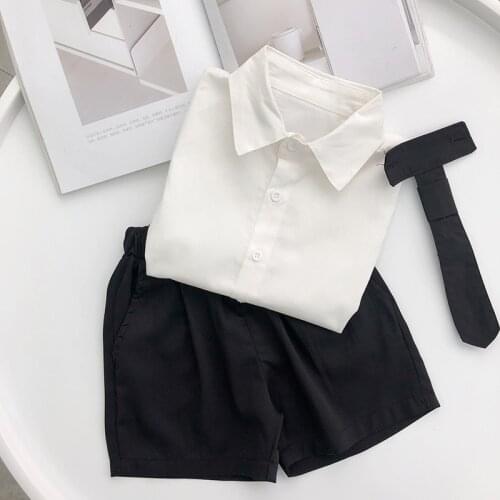 2 3 4 5 6 7 Y Baby Boys Sets 2021 Summer New Kids Korean Fashion Suits Short Sleeve White Shirt Black Short 2pcs Set for Boy