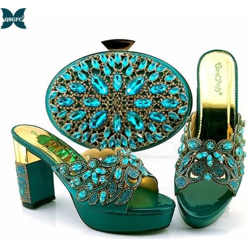 Italian Ladies Teal Color Ladies Shoes and Bags To Match Set Decorated with Rhinestone Nigerian Women Wedding Shoes and Bag Set