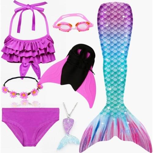 Pretty Girl Kids Mermaid Tail for Girls Swimming Bating Suit Mermaid Costume can add Monofin Fin Goggle with Necklace Garland