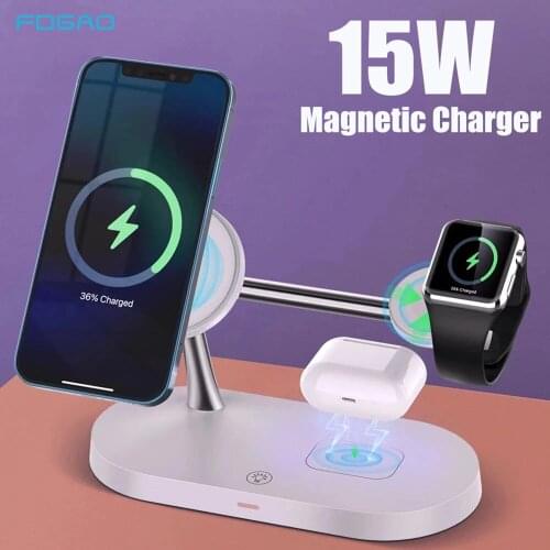 15W Magnet Qi Fast Wireless Charger Station For iPhone 12 Mini Pro Max Magnetic Charging Stand for Airpods Apple Watch 6 5 4 3 2