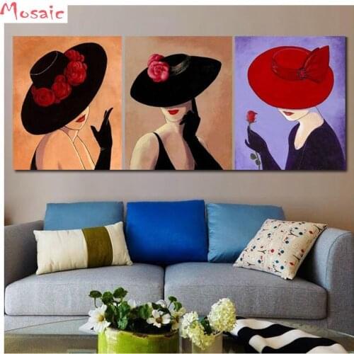 Diy diamond paintings 3pcs"hat girl"diamond embroidery full display cross-stitch Red wine glass diamond mosaic new year gifts