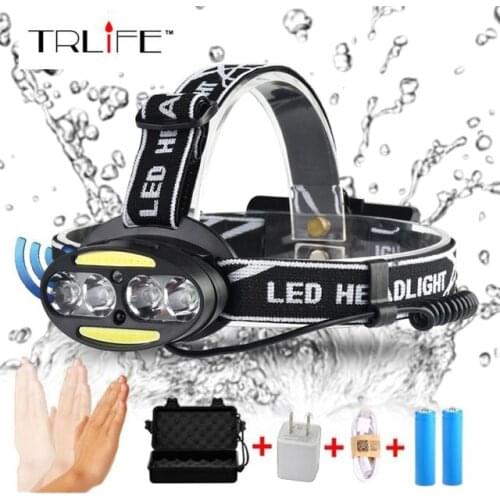 IR Sensor 4*T6+2*COB 5000LM Headlight Induction Micro USB Rechargeable Lantern LED Headlamp Head Lamp Light Torch By 18650