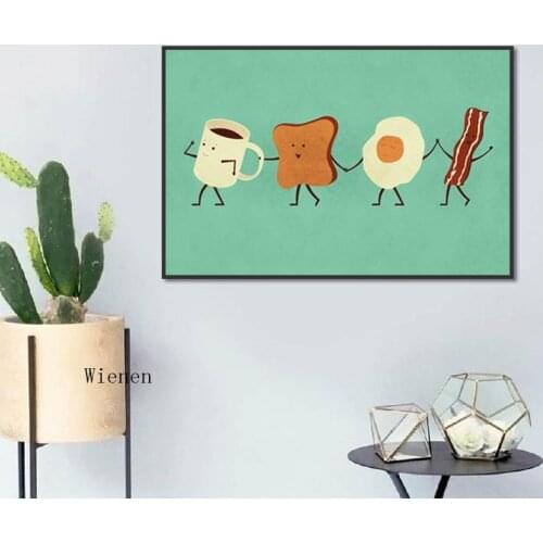 Kitchen Wall Decorative Cute Cartoon Canvas Art Print Poster Eggs Coffee Breakfast Food Picture for Kids Room Decoration