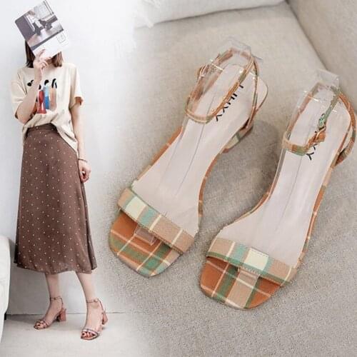 2021 New Womens Shoes Fashionable Temperament Checked Sandal Fish Mouth Thick Heel Large Womens Shoes