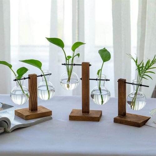 Newest Arrival Hydroponic Glass Vase Desktop Plant Container Retro Wood Creative Bulb Decorative Flower Pot