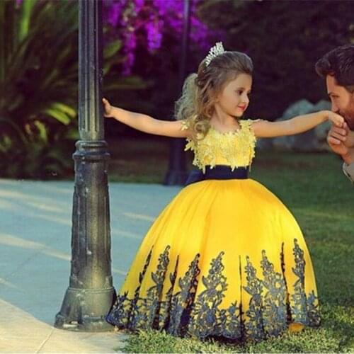 Flower Girl Dresses for Weddings with Lace Applique Yellow and Dark Blue Ball Gown First Communion Pageant Dresses for Girls