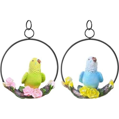 Hanging Parrot Statue Perch On Metal Ring Birds Model Lawn Ornament Garden Decor Innovative Iron Ring Parrot Perching Sculpture