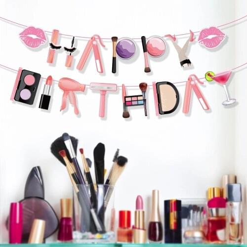 DIY Lipstick Eye Shadow Happy Birthday Banner SPA Make Up Theme Kids Party Favors Baby Shower Wall Hanging Bunting Party Decor