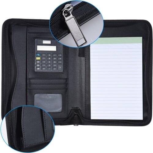 Portable Professional Business Portfolio Padfolio Folder Document Case Organizer A5 PU Leather Zippered Closure with Calculator