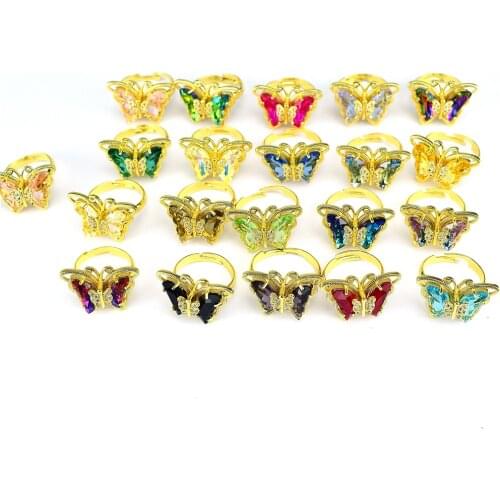 Multicolor Glass Butterfly Ring Popular Womens Crystal Butterfly Golden Ring Opening Adjustable Size Jewelry Gift Jewelry