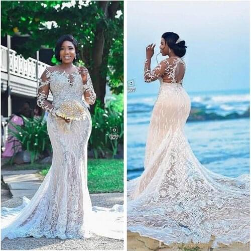 Luxurious Lace Beaded African Wedding Dresses Mermaid Sheer Neck Bridal Dresses Long Sleeves Vintage