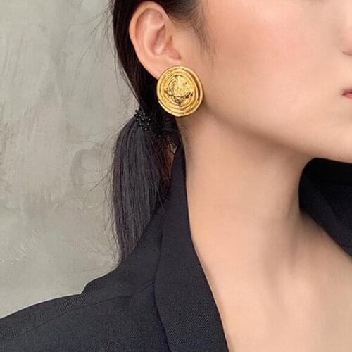 2020 Vintage Gold Geometric Round Disc Coin Buttons Shape Big Stud Earrings for Women Accessories Girl Gifts Party Kpop Jewelry
