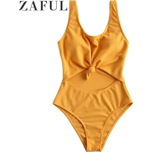 ZAFUL Ribbed Knotted Cut Out Swimsuit Women Padded Backless Scooped Bikini Set Solid Textured Sexy Hollow Out One Piece Swimwear