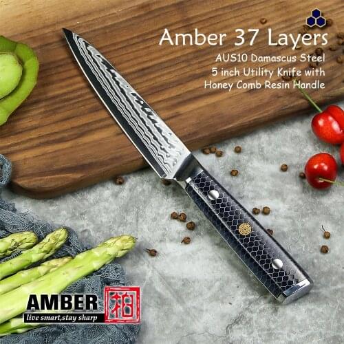Amber 5 inch Utility Knife 37 Layers AUS10V Damascus Knife Honey Comb Resin Handle Kitchen Knives Alligator Pattern