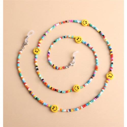 Yellow Smile Beaded Link Chain Eyeglasses Hanger Neckalce Reading Glasses Sunglasses Strap Cord Holder Face Mask Neck Head Band