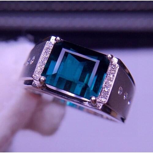 E426 Fine Jewelry Real Pure 18 K Gold Jewelry Natural Blue Tourmaline Gemstones 4.3ct Diamonds Males Wedding Fine Mans Rings