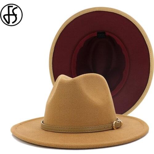 FS Camel Wine Red Patchwork Wool Felt Fedora Hats With Belt Buckle Women Wide Brim Panama Trilby Cowboy Jazz Cap Men Gamble Hat