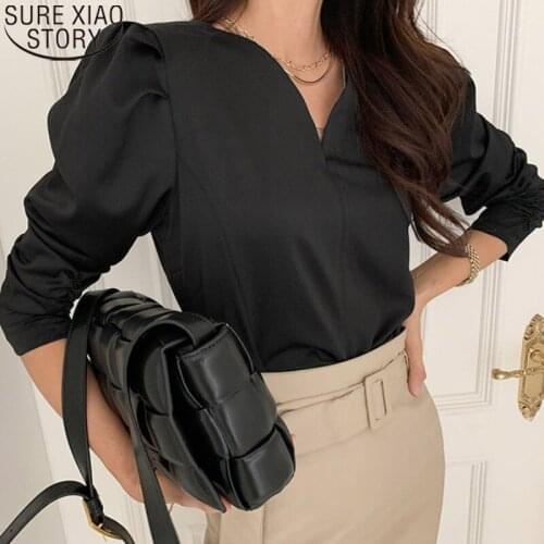 Cotton Blouse Office Lady Puff Sleeve Elegant V-neck Long Sleeve Blouses Spring Korean Chic Shirt Black Tops Blusas Mujer 12899