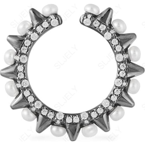 SLJELY Fashion Rock 925 Sterling Silver Dark Grey Big Spike Rivet Single Ear Bone Cuff with Pearls Clip Earring 1pc for Women