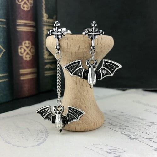 British Style Castle Earl Dark Punk Ancient Silver Color Bat Asymmetric Cross Ear Stud Needle Dangle Earrings
