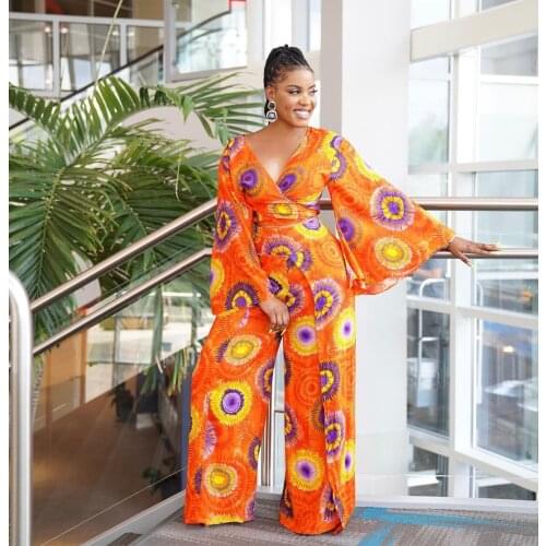 2021 Best Quality Fashion Design 2 pcs Women Set Print V-neck Long Sleeve Tops Long Pants Sexy Club Outfits