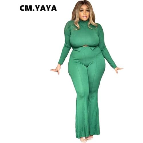 CM.YAYA Women Plus Size Tracksuit Solid Full Sleeve Turtleneck Slited Crop Tops Skinny Flare Pants Two 2 Piece Sets Fall Outfits