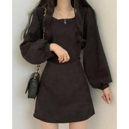 Dress Women 2021 New Autumn Korean Fashion Vestido Dress Retro Temperament Square Neck Waist Slim Sexy Puff Sleeve Casual dress