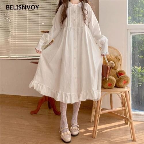 Japanese Lolita Style Spring Fall Women White Dress Peter Pan Collar High Waist Ruffles Dress Cotton Cute Kawaii Dresses