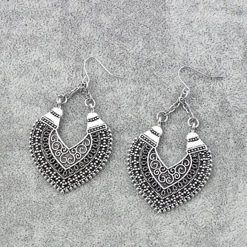 1pair Tibetan Silver Heart Earrings Ethnic Tribal Aztec Hippy Boho Dangle Statement Earring With Big Hook