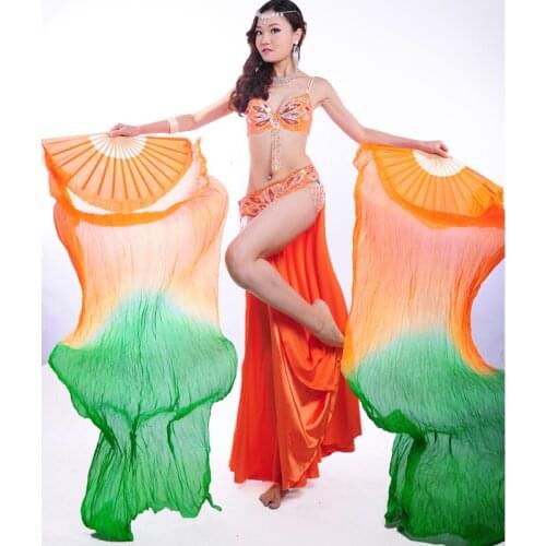 1 Pair 100% Silk Gradient Color Belly Dance Hand Fan Veils 1.8m High Quality Stage Performance Props Fire Fans Dance with Bamboo