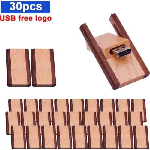 30pcs/lot Free Custom logo USB Flash Drive wooden USB+box Pen Drive 32GB 64GB For wedding 128GB 8GB Pendrive Flash Drive cle usb
