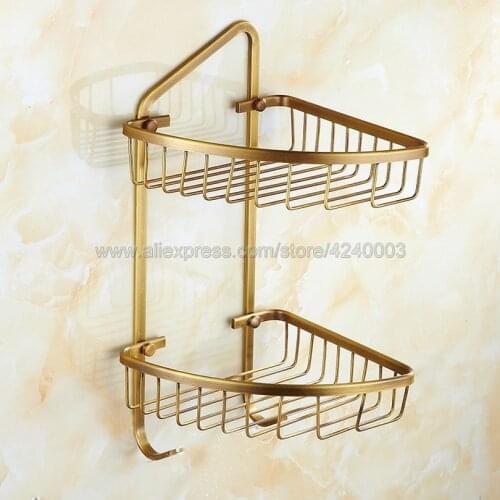 Bathroom Shelves Antique Brass 2 Tiers Corner Shelf Shower Caddy Storage Shampoo Basket Wall Kitchen Corner Sticky Holder Kba076