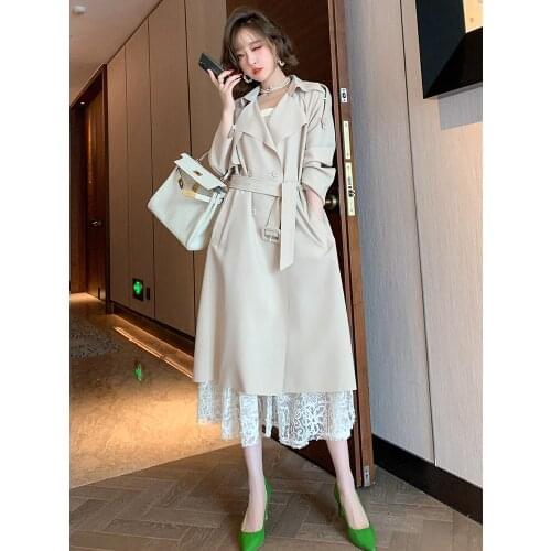 Large lapel double-breasted mid-length trench coat + sling waist lace skirt two-piece female 2020 autumn new