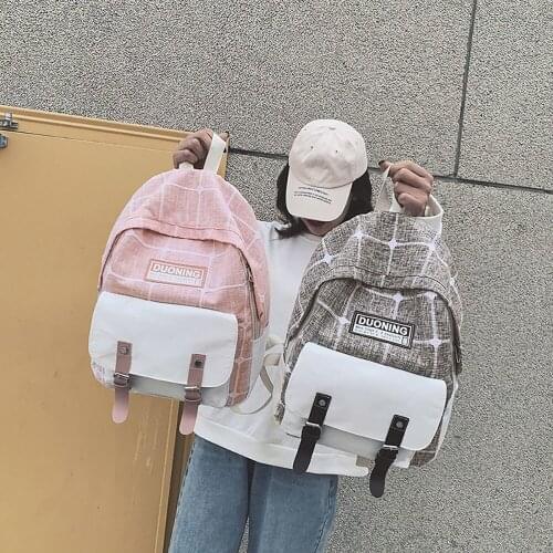 ABQP Canvas College School Backpack For Women Plaid Casual Large Capacity School Girls Backpack Travel Working Student Bag