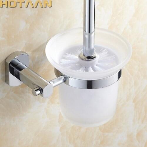 HOTAAN Free shipping Solid Brass Wall Mount Mounted Toilet Brush set With Tempered Glass Cup Holder, Chrome YT-11612