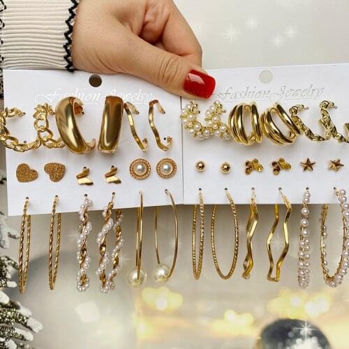 KISS WIFE Vintage Geometric Gold Metal Earrings Set For Women Punk Pearl Dangle Drop Earrings 2021 Trend Set of Earrings Jewelry