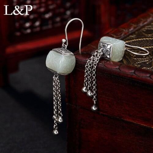 L&P Vintage Natural Jade Tassels Earrings For Lady Authentic 925 Sterling Silver Elegant Earrings Fine Jewelry Wholesale