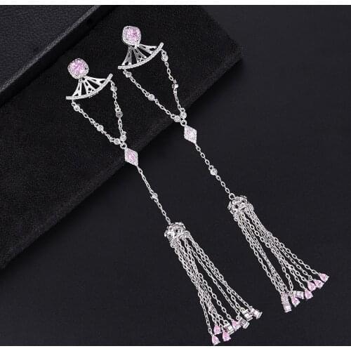 LARRAURI Elegant Bohemia Cubic Zirconia Bridal Wedding Long Tassel Earrings For Women Fashion Vintage Drop Statement Earring