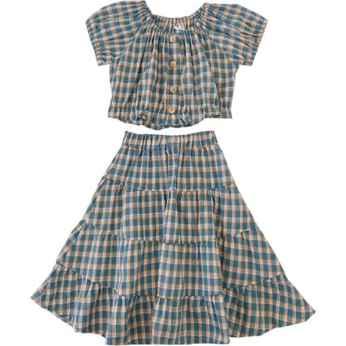 2021 Girls Summer Plaid T Shirt + Skirt Dress 2Pcs Clothing Set Teenager Birthday Party Dresses Princess Kids Children Vestido