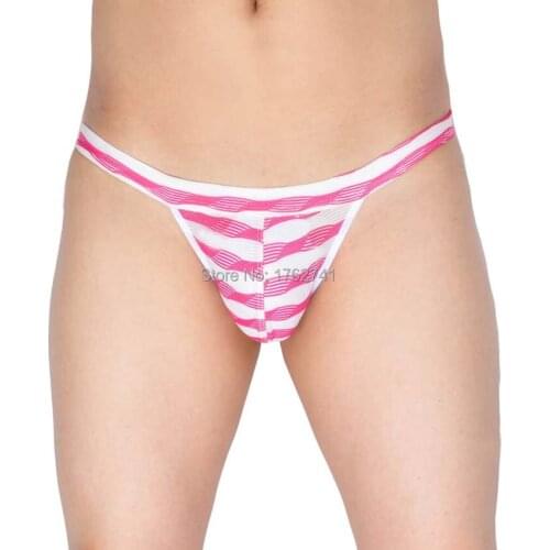 Mens Striped Bikini Jacquard Mesh Sexy Bikinis Tangas Bulge Pouch Open Crotch Gay Mini String T-Back Underwear